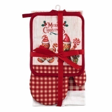 Подарунковий набір для кухні ARDESTO Christmas Gingerbread, 3шт, 100% бавовна (рушничок), 100% поліестер (прихватки), червоний (ART14HGR)