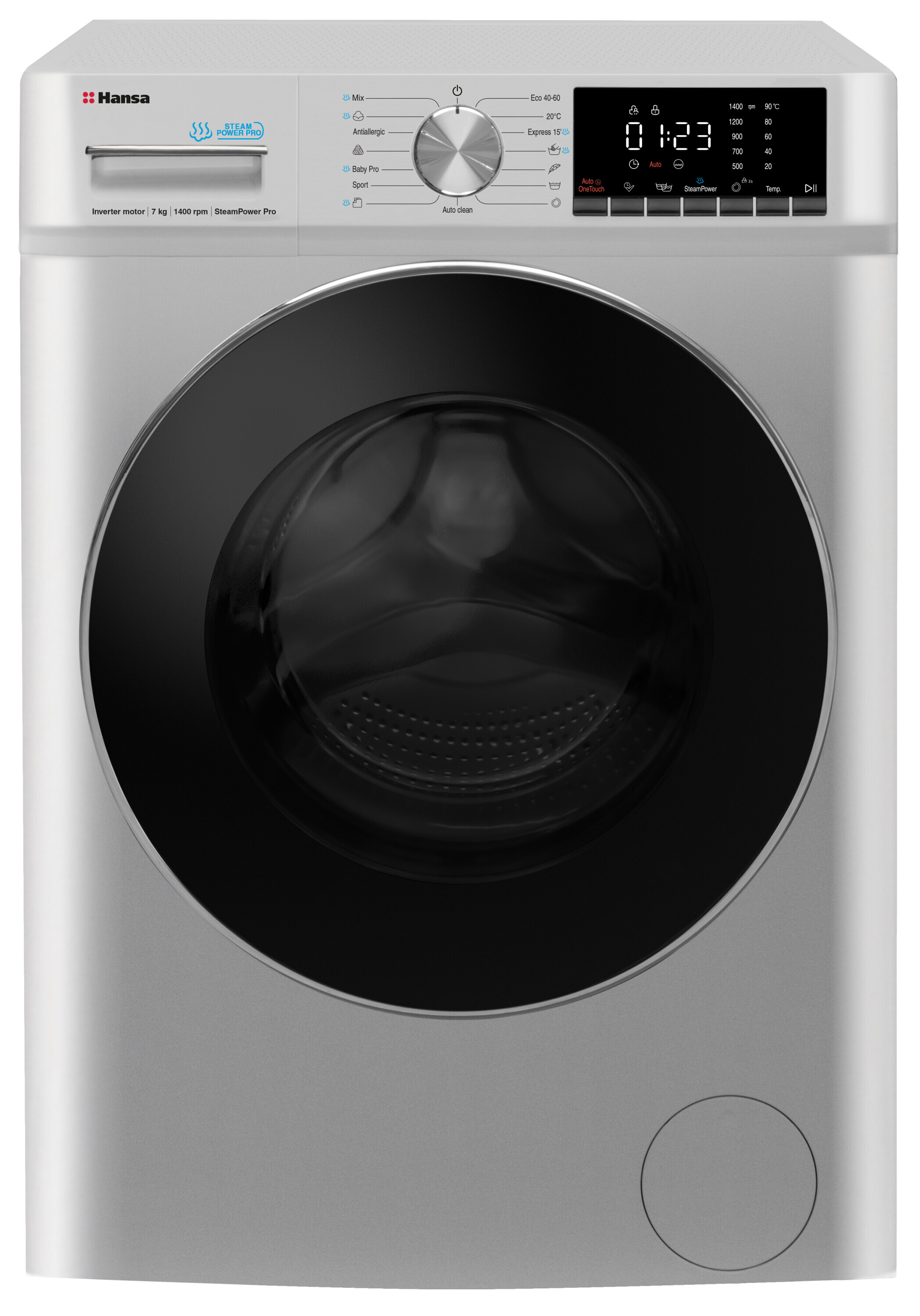 Пральна машина Hansa фронтальна, 7кг, 1400, A+++, 46см, пара, дисплей, сірий (WHG714DD1LG)