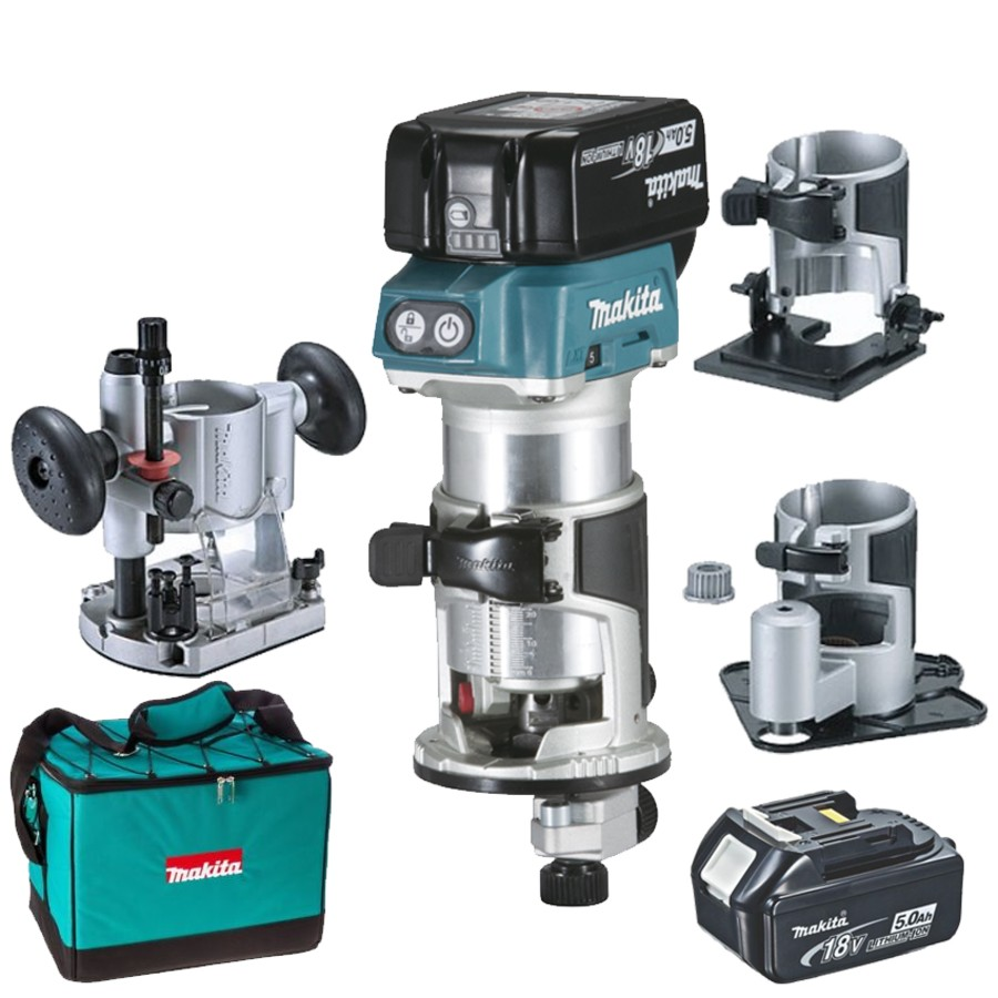 Фрезер акумуляторний Makita Li-ion LXT 18 В 2х5.0А·год цанга 6.35мм 10000-30000об/хв 1.8кг (DRT50RTEX3)