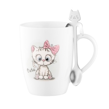 Чашка з ложкою ARDESTO Cute, 320мл, порцеляна, нержавіюча сталь, білий (AR3040BS)