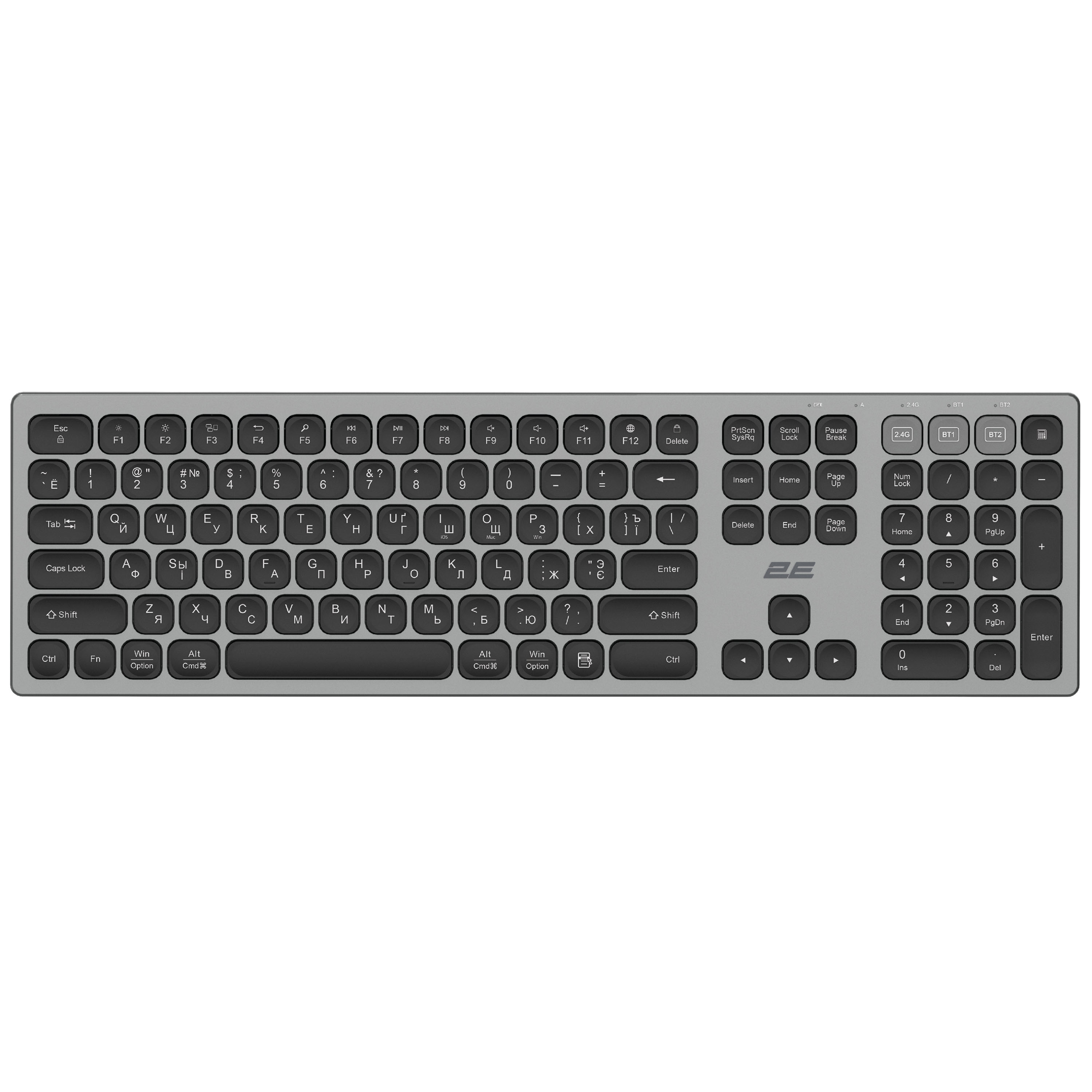 Клавіатура ножнична 2E KS270 105key, WL/BT, EN/UK/RU, сіро-чорний (2E-KS270WBGR)