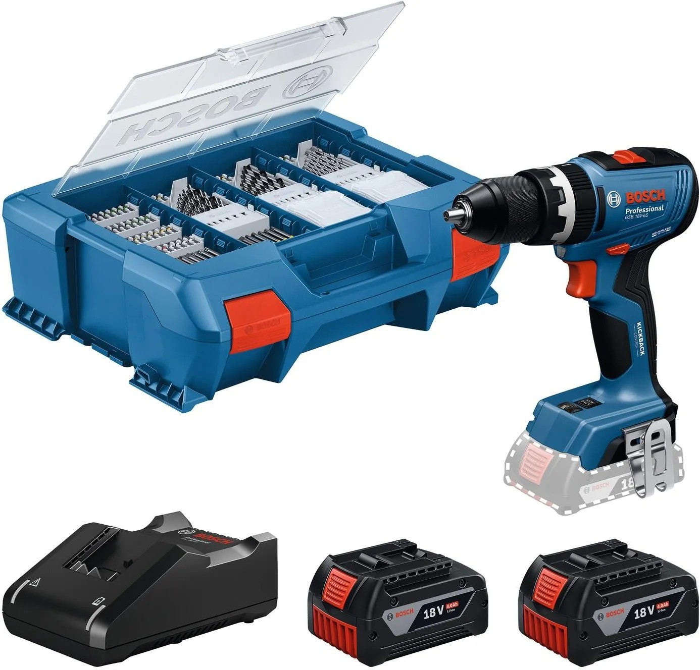 Шурупокрут-дриль ударний акумуляторний Bosch Professional GSR 18V-65 18В 2х4А·год 31·63·76Нм 0-550/0-2100об/хв 27000уд/хв ЗП 1.06кг (0.601.9N3.307)