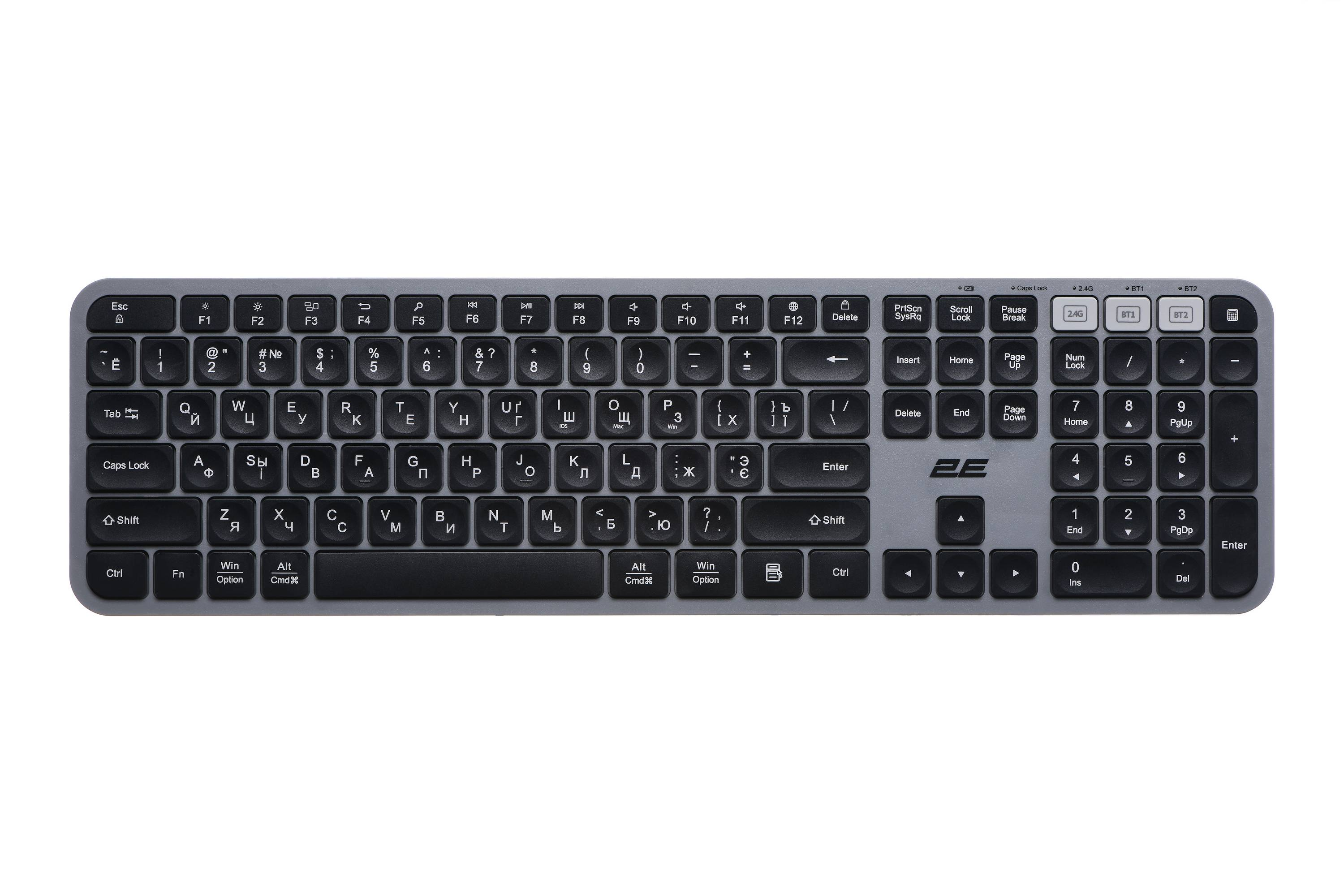 Клавіатура мембранна 2E KS240 110key, WL/BT, EN/UK/RU, сіро-чорний (2E-KS240WG)
