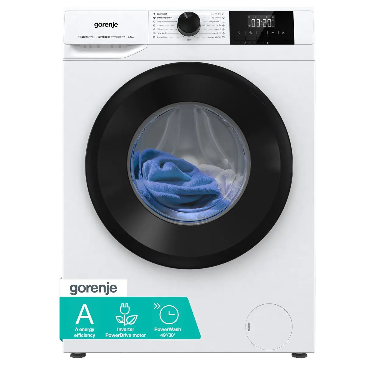 Пральна машина Gorenje фронтальна, 6кг, 1000, A++, 42см, чорний люк, дисплей, пар, інвертор, білий (W3NGPI61SAS)