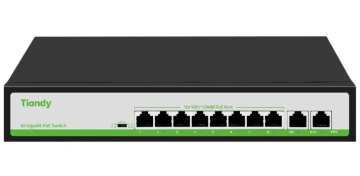 Комутатор Tiandy TC-P3S010 Spec: H/0820/AT/90, 8х10/100Mbps PoE Ports + 2х100/1000Mbps RJ45 Uplink Ports (TC-P3S010_H)