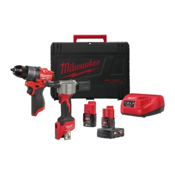 Набір із двох акумуляторних інструментів Milwaukee M12 FPP2D2-422X FUEL POWER PACK IN2 шурупокрут-дриль M12 FPD2 заклепочник акумуляторний M12 BPRT акб 1х2А·год 1х4А·год кейс (4933480593)