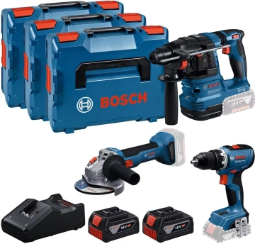 Набір із трьох акумуляторних інструментів Bosch Professional 18В дриль-шурупокрут GSR 18V-65, перфоратор GBH 18V-22, Шліфмашина кутова GWS 18V-8, акб 2x5А·год, ЗП 3 кейси L-BOXX 136 (0.615.A50.09G)