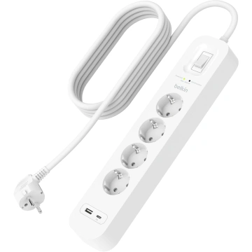 Подовжувач мережевий Belkin 2м, 4хТипF, 16А, USB-A/USB-C 18Вт, фільтр, білий (SRB001VF2M-V2)
