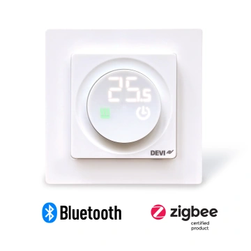 Терморегулятор Devi Devireg Display 3...35 °C для теплої підлоги електронний Bluetooth Zigbee вбудований дротовий датчик 16A 230В білий (140F1162)