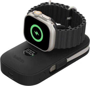 Акумулятор портативний літій-іонний Power Bank Belkin 10000мА·год, 45Вт, з інтегрованим кабелем USB-C, Apple Watch Charger, чорний (BPD012HQBK)