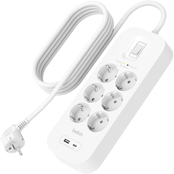 Подовжувач мережевий Belkin 2м, 6хТипF, 16А, USB-A/USB-C 18Вт, фільтр, білий (SRB002VF2M-V2)