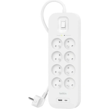 Подовжувач мережевий Belkin 2м, 8хТипE, 16А, USB-A/USB-C 18Вт, фільтр, білий (SRB003CA2M)