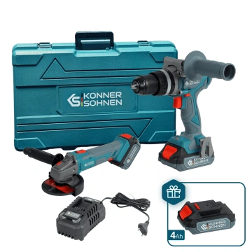 Набір із двох акумуляторних інструментів Konner&Sohnen KS IDAGB 20V SET 1 PLUS 20В шурупокрут-дриль ударний, шліфмашина кутова KS AGB20V-125VR, ЗП 2.4А акб 1х2А·год+1х4А·год кейс 8.1кг (KSIDAGB20VSET1PLUS)