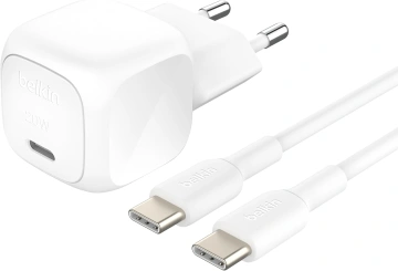 Зарядний пристрій мережевий Belkin 20Вт USB-С PD PPS, кабель USB-С > USB-C, 1м, PVC, білий (WCA009KQ1MWH-B6)