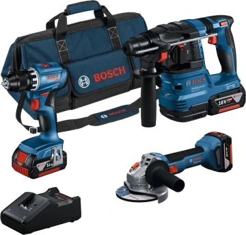 Набір із трьох акумуляторних інструментів Bosch Professional дриль-шурупокрут GSR 18V-45, перфоратор GBH 18V-22, Шліфмашина кутова GWS 18V-8 акб 3x4А·год, ЗП, сумка M-BAG (0.615.A50.07L)