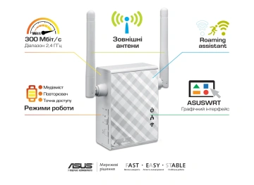 Розширювач покриття WiFi ASUS RP-N12 N300 1хFE LAN (90IG01X0-BO2100)