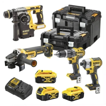 Набір із чотирьох акумуляторних інструментів DeWALT 18В дриль-шурупокрут ударний DCD796 перфоратор SDS-Plus DCH273 шурупокрут ударний DCF887 шліфмашина кутова DCG405 акб 3х5А·год ЗП 2хTSTAK 14.3кг (DCK422P3T)