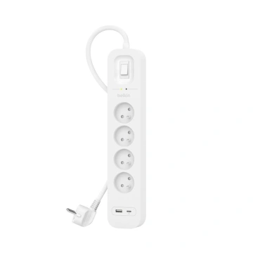 Подовжувач мережевий Belkin 2м, 4хТипE, 16А, USB-A/USB-C 18Вт, фільтр, білий (SRB001CA2M)