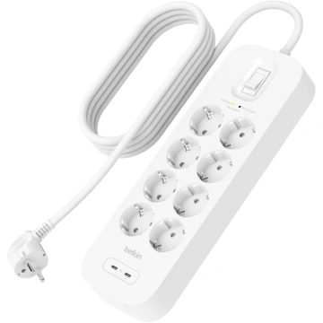 Подовжувач мережевий Belkin 2м, 8хТипF, 16А, USB-С/USB-C 30Вт, фільтр, білий (SRB004VF2M-V2)