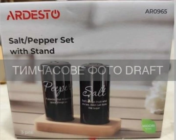 Набір для солі та перцю на підставці Ardesto Midori, 8.5см, 3 предмети, кераміка, бамбук, чорний (AR0965)