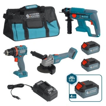 Набір із трьох акумуляторних інструментів Konner&Sohnen KS RHAGD 20V SET 3 PLUS 20В шурупокрут, шліфмашина кутова KS AG20V-125VR, перфоратор KS RH20V-22-4, ЗП 4.5А акб 3х4А·год сумка 10.8кг (KSRHAGD20VSET3PLUS)