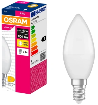 Лампа OSRAM LED E14 6.8Вт 3000К 806Лм В60 VALUE (4058075628625)