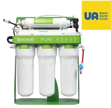 Фільтр зворотного осмосу Ecosoft P'URE Balance з помпою на станині, мембрана 75gpd DuPont, картридж Balance збагачує воду кальцієм і магнієм, дренаж 1:1 (MO675MBALPSECO)