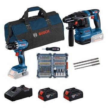 Набір акумуляторних інструментів Bosch Professional 18В дриль-шурупокрут GSR 18V-45, перфоратор GBH 18V-22, набір біт і бурів, акб 2x4А·год, ЗП, сумка (0.615.V00.03D)