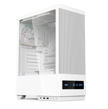 Корпус 2E GAMING Iconic DS V8202W без БЖ, 1xUSB3.0, 1х USB 2.0, 1xUSB Type-C, 3x120мм ARGB, VGA 330мм, LCS ready, контролер з пультом, дисплей, TG Side Panel, ATX, білий (2E-V8202W)