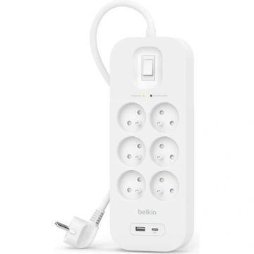 Подовжувач мережевий Belkin 2м, 6хТипE, 16А, USB-A/USB-C 18Вт, фільтр, білий (SRB002CA2M)