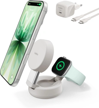 Зарядний пристрій бездротовий Belkin UltraCharge Pro 2в1 Convertible Magnetic Charging Dock 25Вт, Sand (WIZ043KQSD)