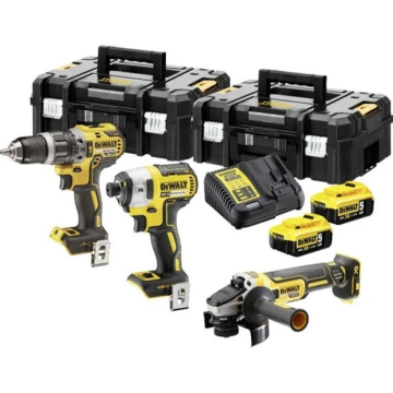 Набір із трьох акумуляторних інструментів DeWALT 18В дриль-шурупокрут ударний DCD796 шурупокрут ударний DCF887 шліфмашина кутова DCG405 акб 2х5А·год ЗП 2хTSTAK 9.7кг (DCK384P2T)